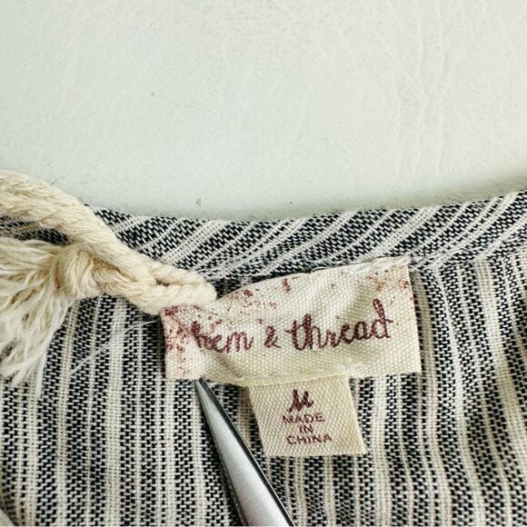 Hem & Thread Striped Dress Tie Round Neck Sleeveless Cotton Gray Boho M - Picture 6 of 10